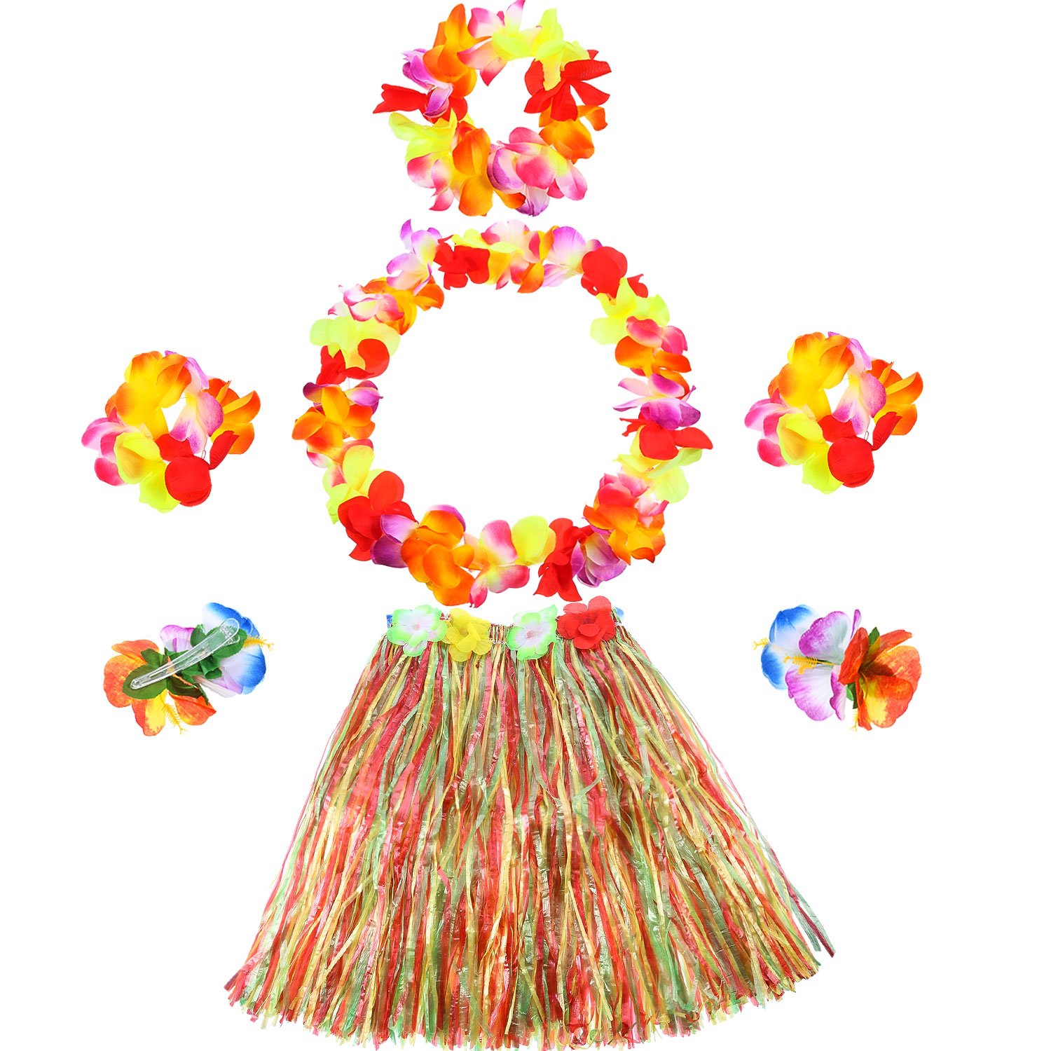 Hawaiian Luau Hula Grass Skirt Flower Costume Set for Women with Flower Bracelet Headband Necklace Hibiscus Hair Clip